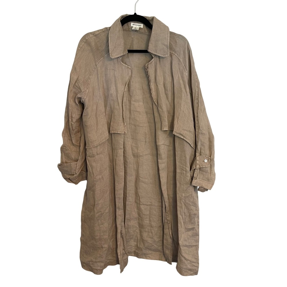 Artisan NY 100% Linen Open Front Duster Jacket Tan Khaki Large Longline Layer